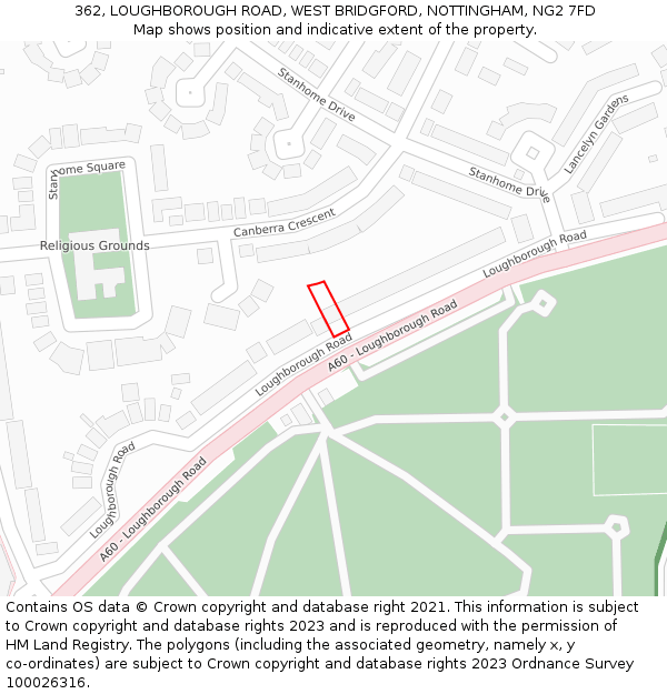 362, LOUGHBOROUGH ROAD, WEST BRIDGFORD, NOTTINGHAM, NG2 7FD: Location map and indicative extent of plot