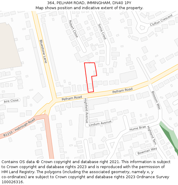 364, PELHAM ROAD, IMMINGHAM, DN40 1PY: Location map and indicative extent of plot