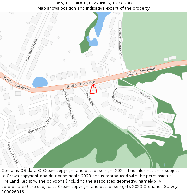 365, THE RIDGE, HASTINGS, TN34 2RD: Location map and indicative extent of plot