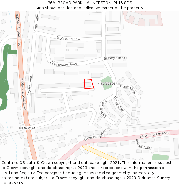 36A, BROAD PARK, LAUNCESTON, PL15 8DS: Location map and indicative extent of plot