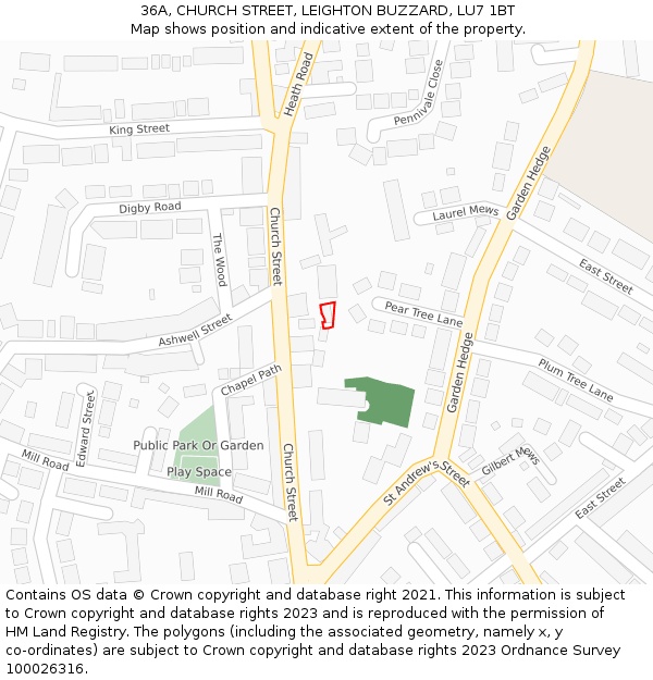 36A, CHURCH STREET, LEIGHTON BUZZARD, LU7 1BT: Location map and indicative extent of plot