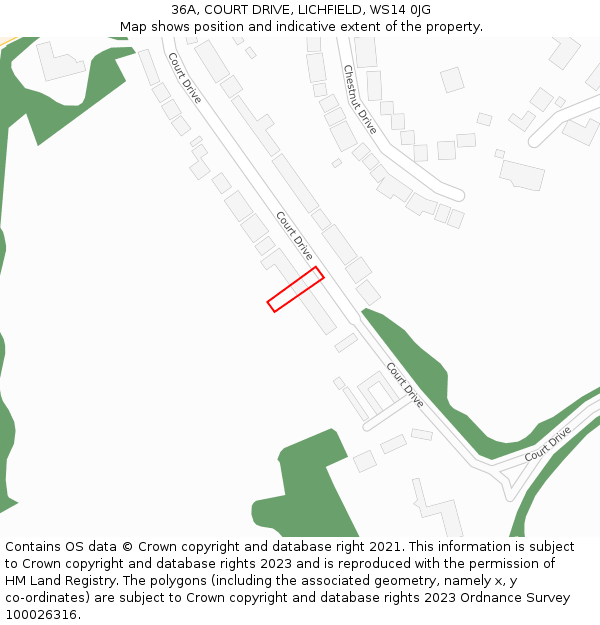 36A, COURT DRIVE, LICHFIELD, WS14 0JG: Location map and indicative extent of plot