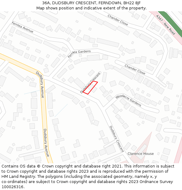 36A, DUDSBURY CRESCENT, FERNDOWN, BH22 8JF: Location map and indicative extent of plot