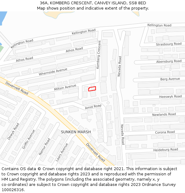 36A, KOMBERG CRESCENT, CANVEY ISLAND, SS8 8ED: Location map and indicative extent of plot