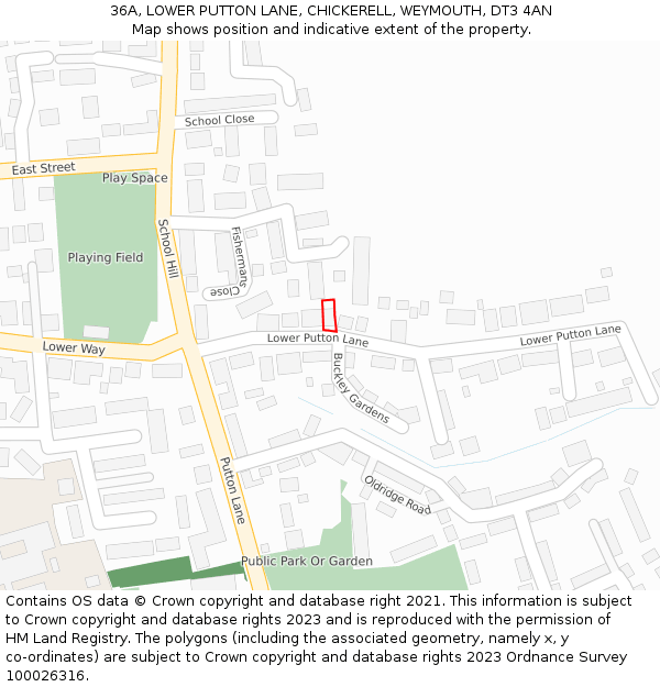 36A, LOWER PUTTON LANE, CHICKERELL, WEYMOUTH, DT3 4AN: Location map and indicative extent of plot