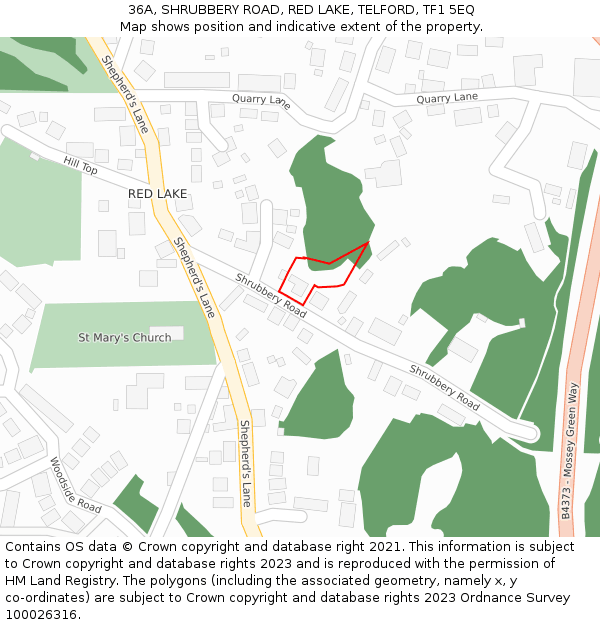 36A, SHRUBBERY ROAD, RED LAKE, TELFORD, TF1 5EQ: Location map and indicative extent of plot