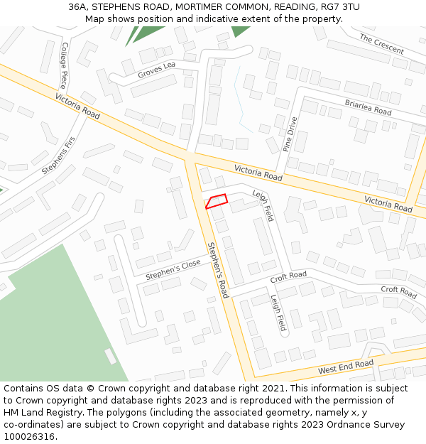 36A, STEPHENS ROAD, MORTIMER COMMON, READING, RG7 3TU: Location map and indicative extent of plot
