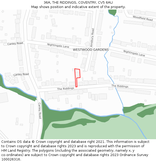 36A, THE RIDDINGS, COVENTRY, CV5 6AU: Location map and indicative extent of plot