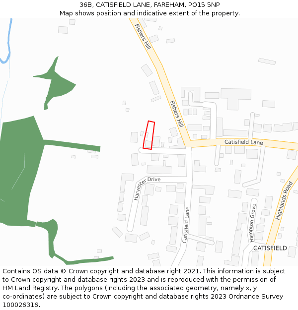 36B, CATISFIELD LANE, FAREHAM, PO15 5NP: Location map and indicative extent of plot
