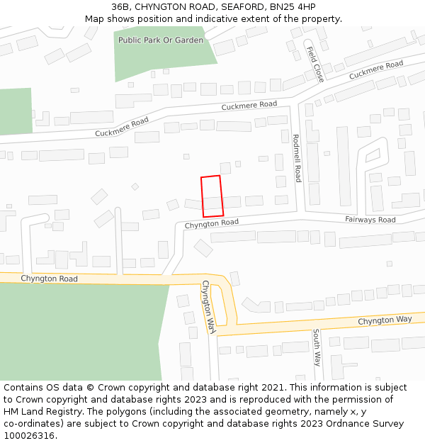 36B, CHYNGTON ROAD, SEAFORD, BN25 4HP: Location map and indicative extent of plot