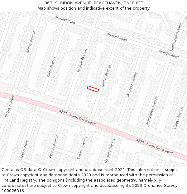 36B, SLINDON AVENUE, PEACEHAVEN, BN10 8ET: Location map and indicative extent of plot