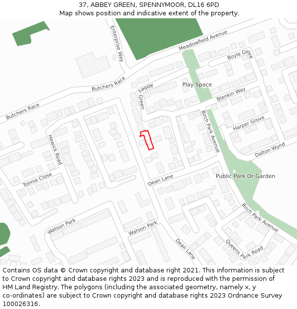 37, ABBEY GREEN, SPENNYMOOR, DL16 6PD: Location map and indicative extent of plot