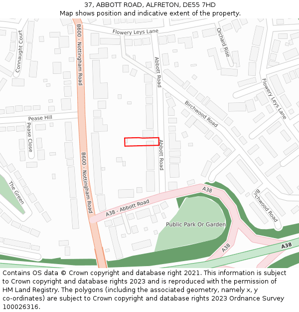 37, ABBOTT ROAD, ALFRETON, DE55 7HD: Location map and indicative extent of plot