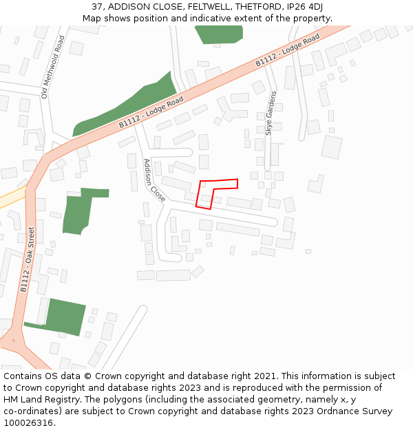 37, ADDISON CLOSE, FELTWELL, THETFORD, IP26 4DJ: Location map and indicative extent of plot
