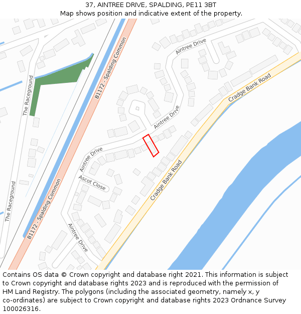 37, AINTREE DRIVE, SPALDING, PE11 3BT: Location map and indicative extent of plot