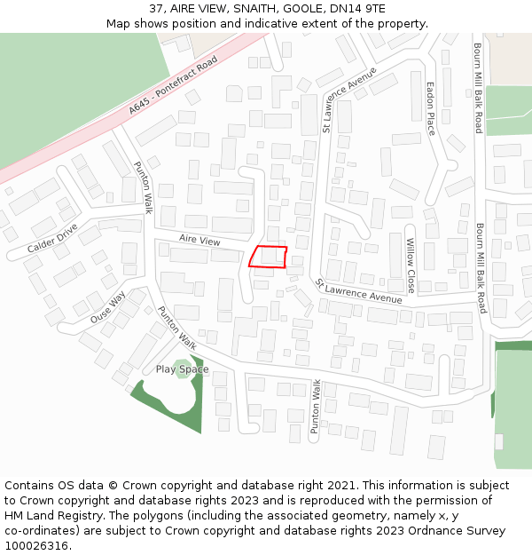 37, AIRE VIEW, SNAITH, GOOLE, DN14 9TE: Location map and indicative extent of plot