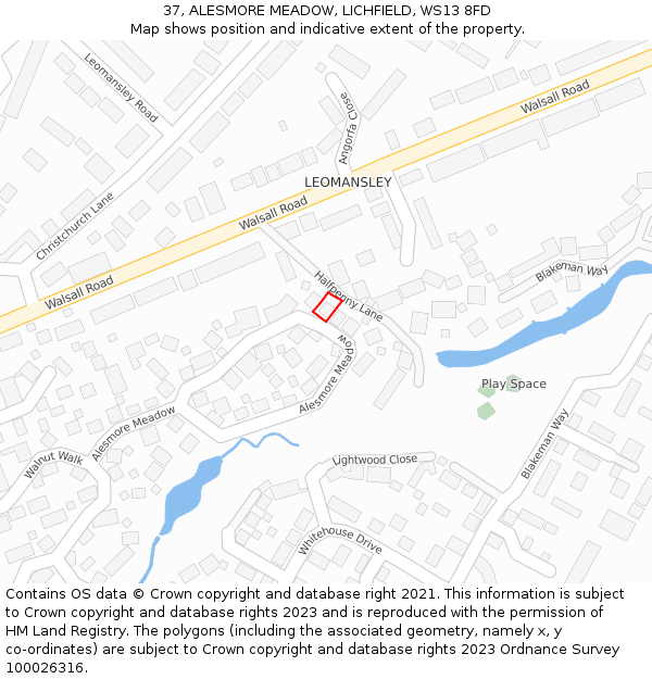 37, ALESMORE MEADOW, LICHFIELD, WS13 8FD: Location map and indicative extent of plot