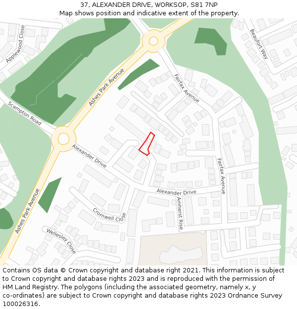 37, ALEXANDER DRIVE, WORKSOP, S81 7NP: Location map and indicative extent of plot