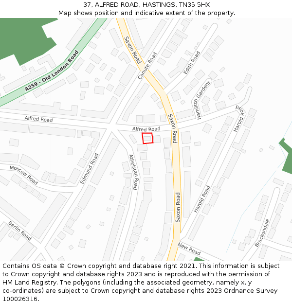 37, ALFRED ROAD, HASTINGS, TN35 5HX: Location map and indicative extent of plot