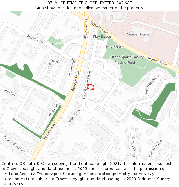 37, ALICE TEMPLER CLOSE, EXETER, EX2 6AE: Location map and indicative extent of plot