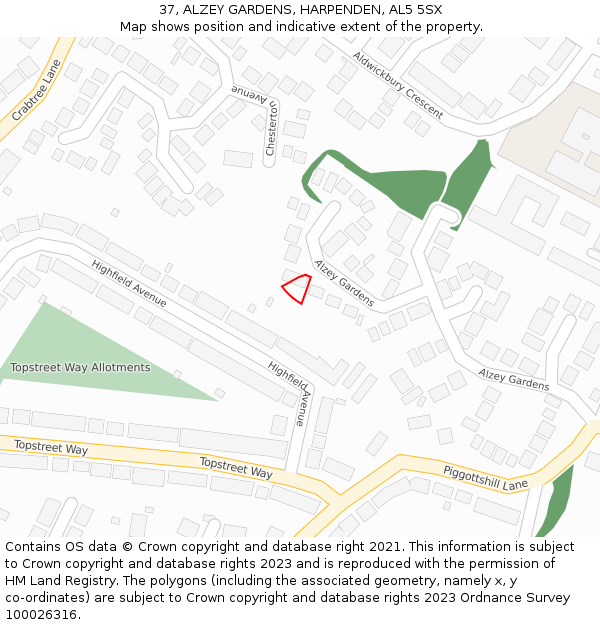 37, ALZEY GARDENS, HARPENDEN, AL5 5SX: Location map and indicative extent of plot