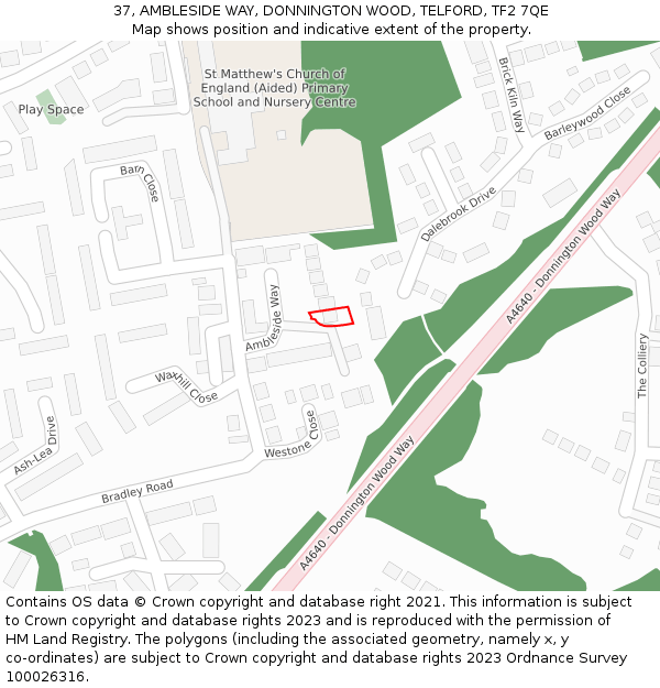 37, AMBLESIDE WAY, DONNINGTON WOOD, TELFORD, TF2 7QE: Location map and indicative extent of plot