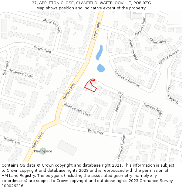 37, APPLETON CLOSE, CLANFIELD, WATERLOOVILLE, PO8 0ZG: Location map and indicative extent of plot