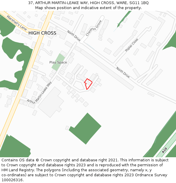 37, ARTHUR MARTIN-LEAKE WAY, HIGH CROSS, WARE, SG11 1BQ: Location map and indicative extent of plot