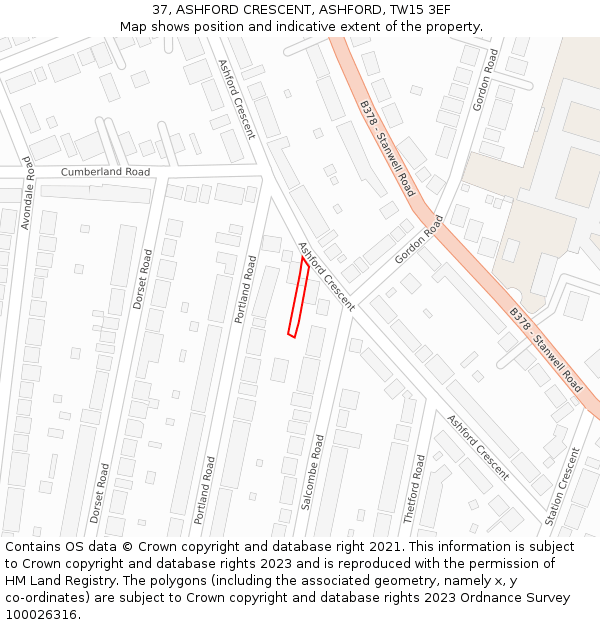 37, ASHFORD CRESCENT, ASHFORD, TW15 3EF: Location map and indicative extent of plot