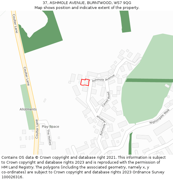 37, ASHMOLE AVENUE, BURNTWOOD, WS7 9QG: Location map and indicative extent of plot