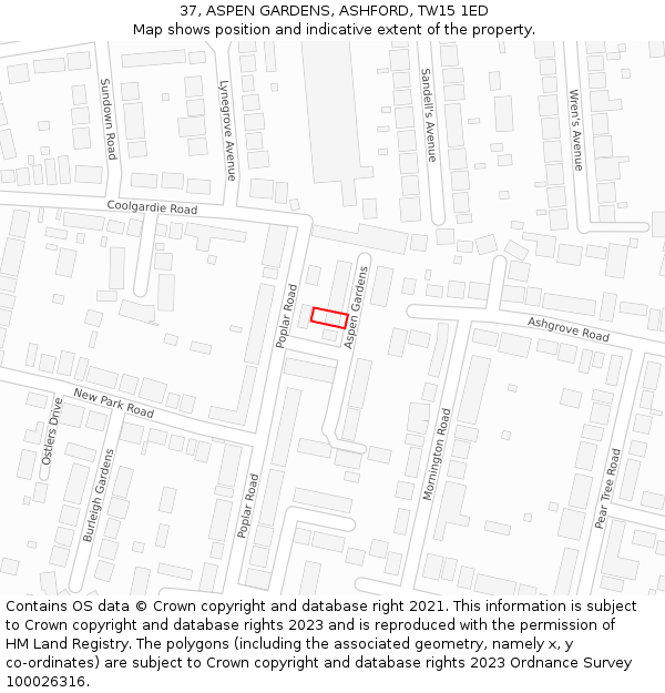 37, ASPEN GARDENS, ASHFORD, TW15 1ED: Location map and indicative extent of plot