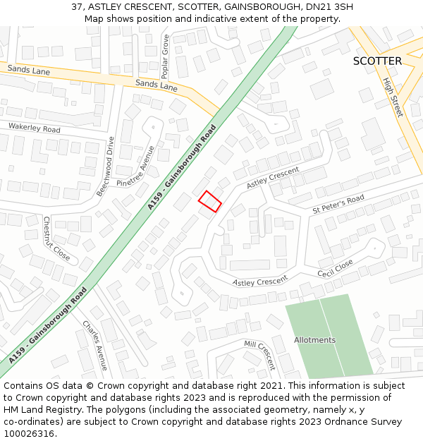 37, ASTLEY CRESCENT, SCOTTER, GAINSBOROUGH, DN21 3SH: Location map and indicative extent of plot