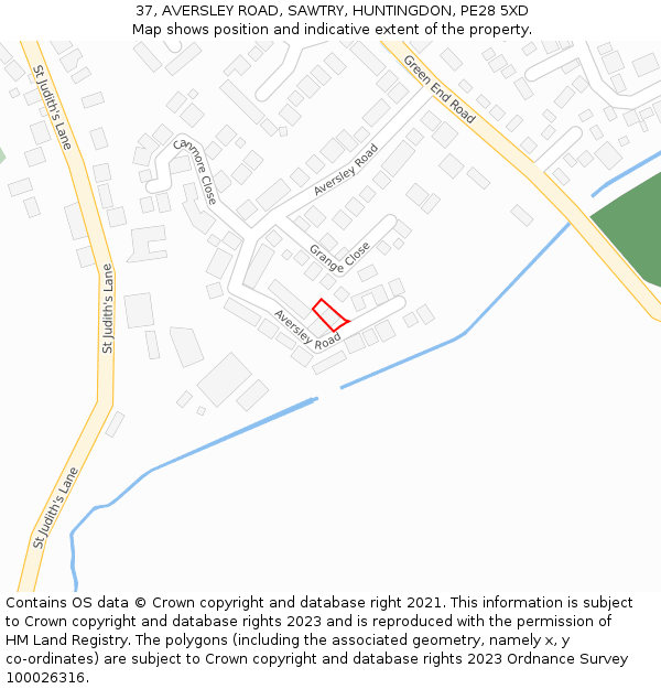 37, AVERSLEY ROAD, SAWTRY, HUNTINGDON, PE28 5XD: Location map and indicative extent of plot