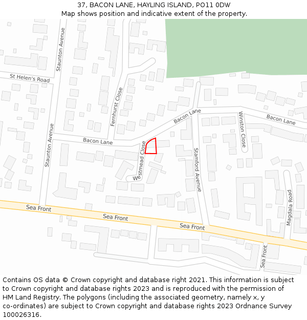 37, BACON LANE, HAYLING ISLAND, PO11 0DW: Location map and indicative extent of plot