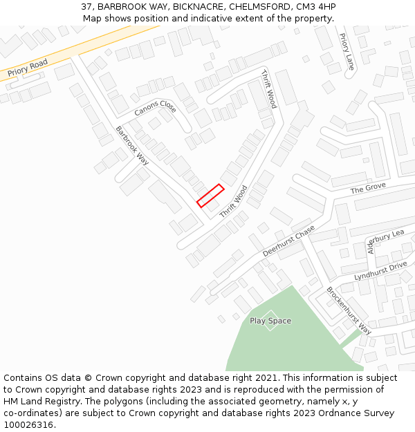 37, BARBROOK WAY, BICKNACRE, CHELMSFORD, CM3 4HP: Location map and indicative extent of plot
