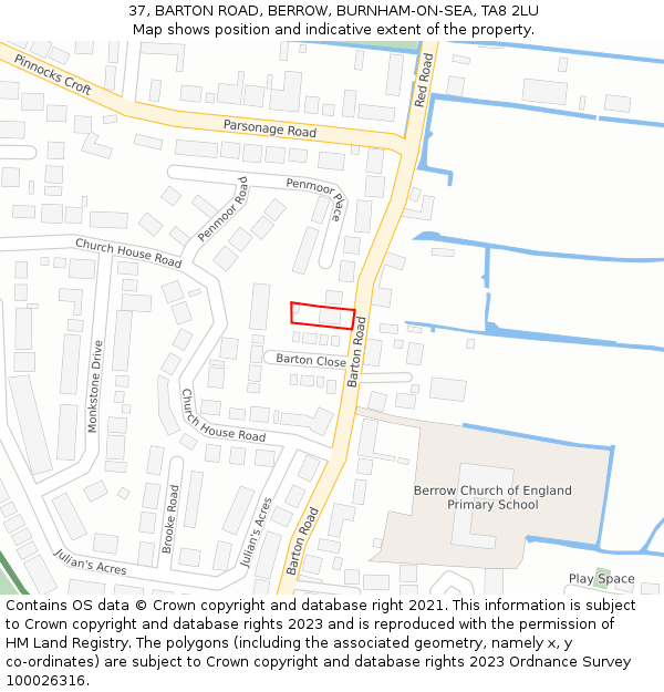 37, BARTON ROAD, BERROW, BURNHAM-ON-SEA, TA8 2LU: Location map and indicative extent of plot