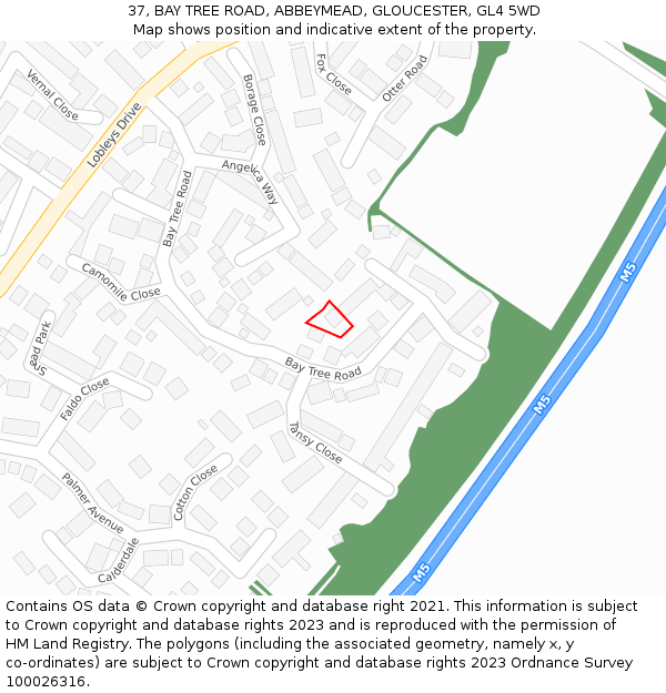 37, BAY TREE ROAD, ABBEYMEAD, GLOUCESTER, GL4 5WD: Location map and indicative extent of plot