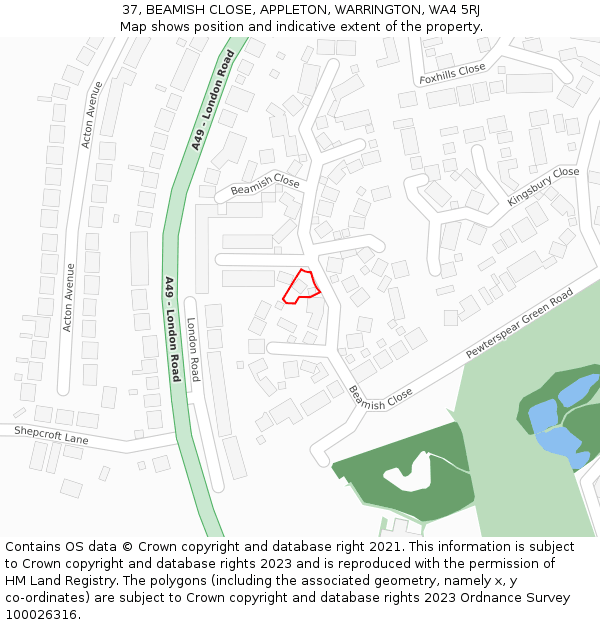 37, BEAMISH CLOSE, APPLETON, WARRINGTON, WA4 5RJ: Location map and indicative extent of plot