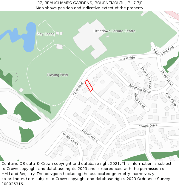 37, BEAUCHAMPS GARDENS, BOURNEMOUTH, BH7 7JE: Location map and indicative extent of plot