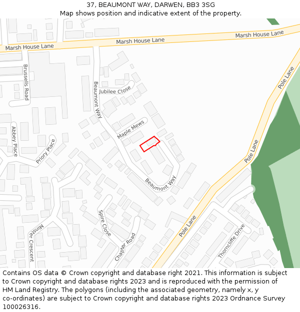 37, BEAUMONT WAY, DARWEN, BB3 3SG: Location map and indicative extent of plot