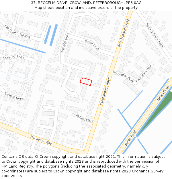 37, BECCELM DRIVE, CROWLAND, PETERBOROUGH, PE6 0AG: Location map and indicative extent of plot