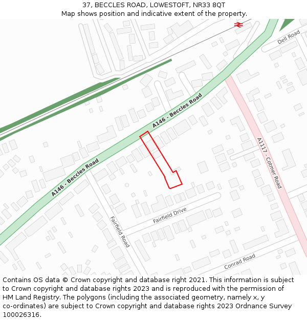 37, BECCLES ROAD, LOWESTOFT, NR33 8QT: Location map and indicative extent of plot