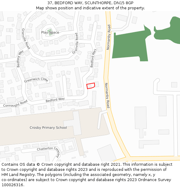 37, BEDFORD WAY, SCUNTHORPE, DN15 8GP: Location map and indicative extent of plot