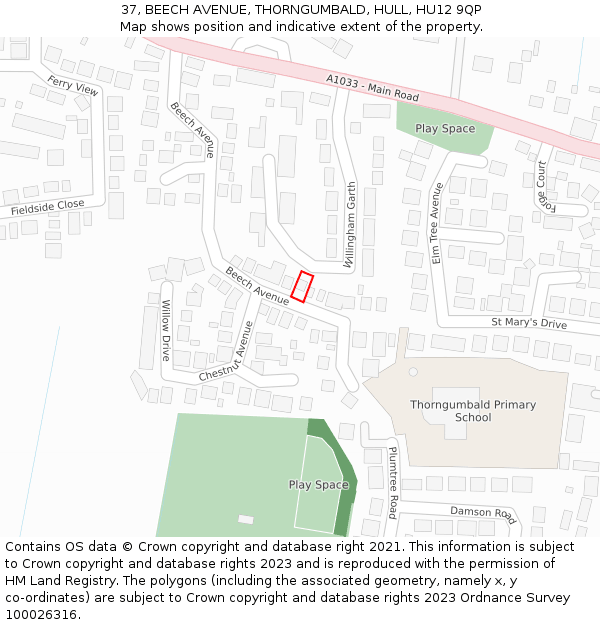 37, BEECH AVENUE, THORNGUMBALD, HULL, HU12 9QP: Location map and indicative extent of plot