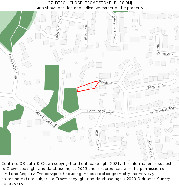 37, BEECH CLOSE, BROADSTONE, BH18 9NJ: Location map and indicative extent of plot