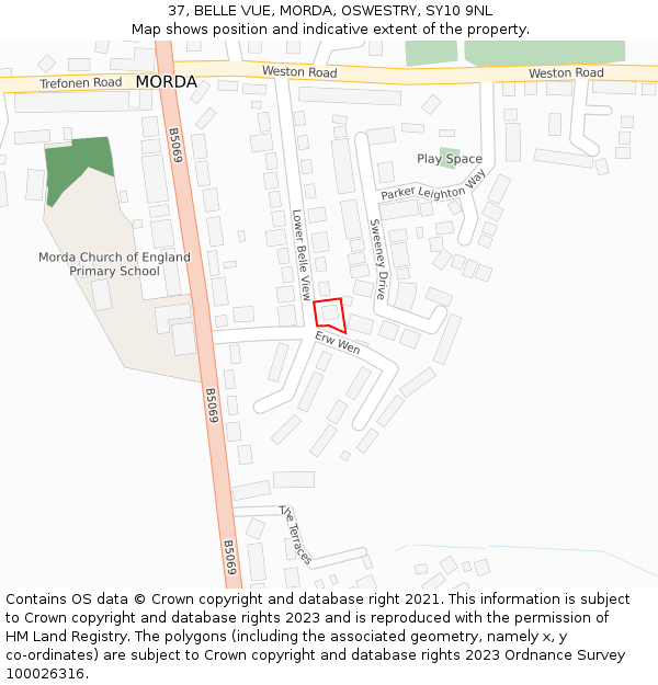 37, BELLE VUE, MORDA, OSWESTRY, SY10 9NL: Location map and indicative extent of plot