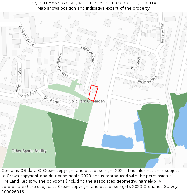 37, BELLMANS GROVE, WHITTLESEY, PETERBOROUGH, PE7 1TX: Location map and indicative extent of plot