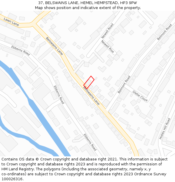 37, BELSWAINS LANE, HEMEL HEMPSTEAD, HP3 9PW: Location map and indicative extent of plot