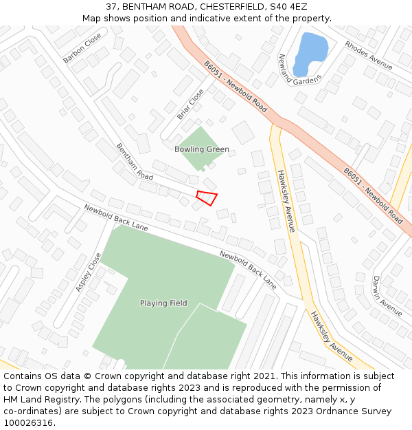 37, BENTHAM ROAD, CHESTERFIELD, S40 4EZ: Location map and indicative extent of plot