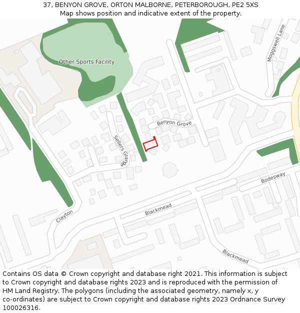 37, BENYON GROVE, ORTON MALBORNE, PETERBOROUGH, PE2 5XS: Location map and indicative extent of plot